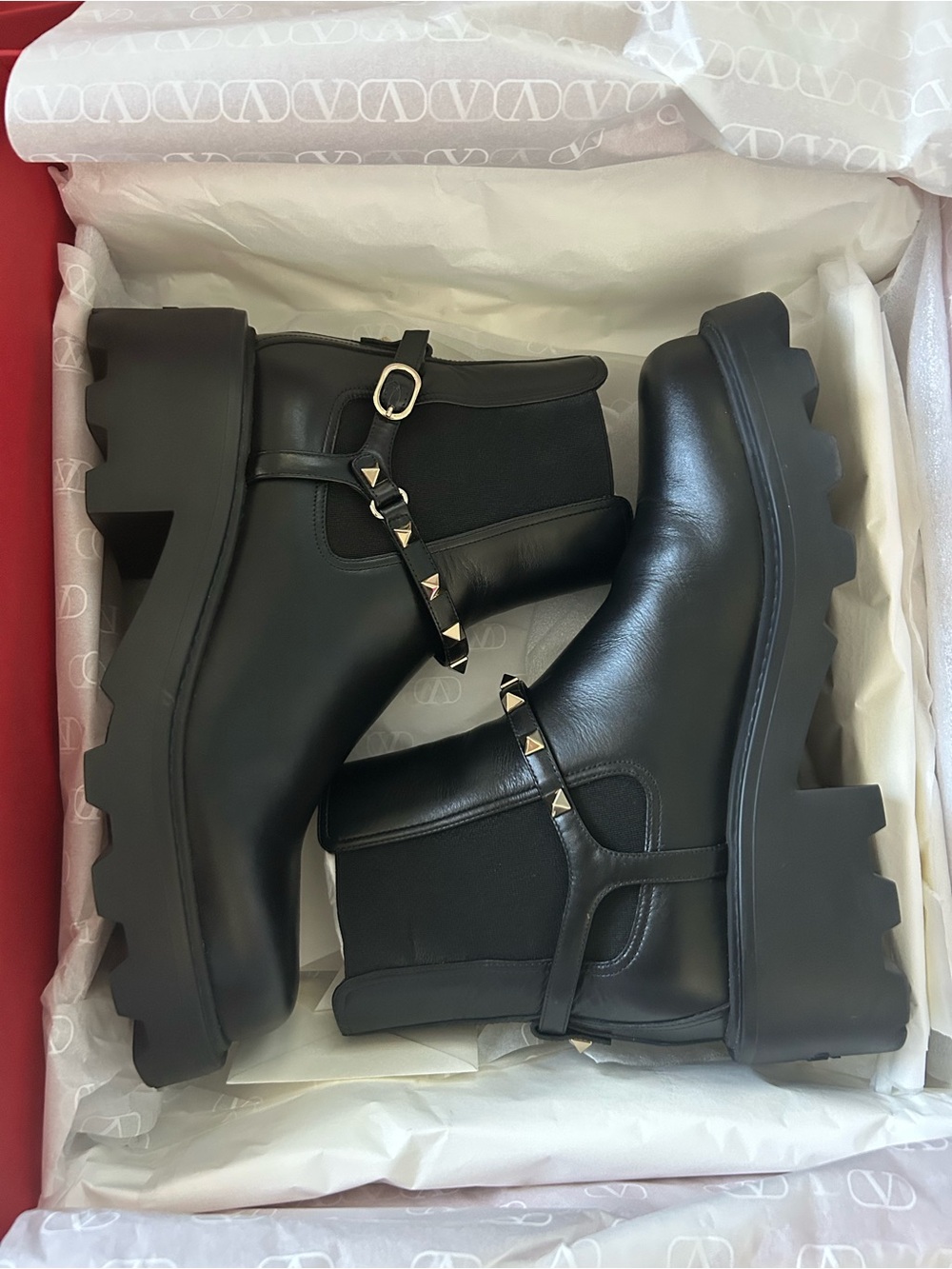 Valentino Black Leather Rockstud Lug Sole Chelsea Booties